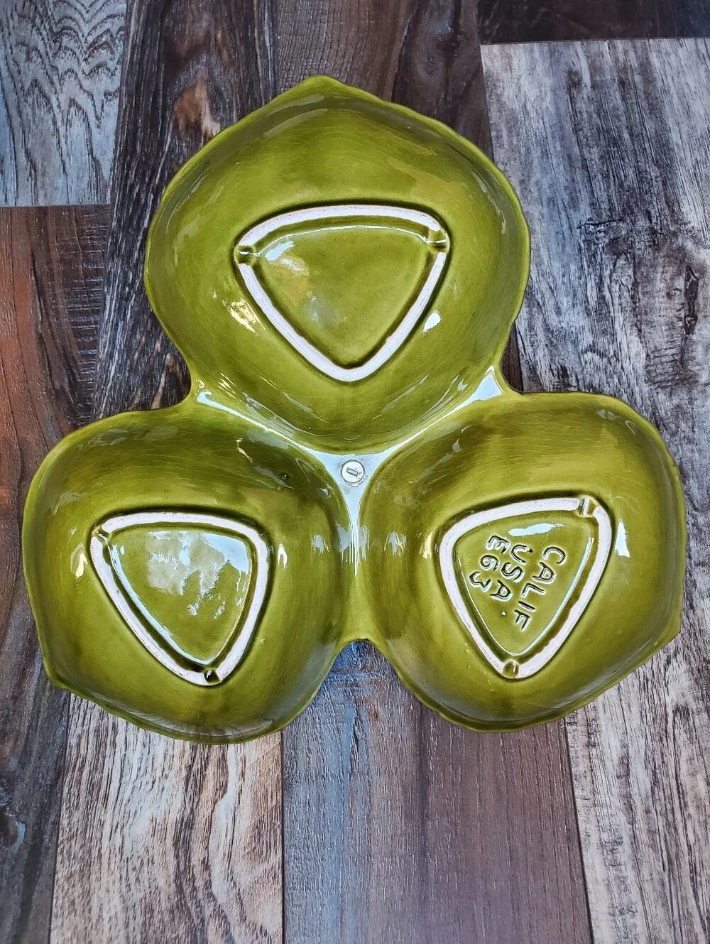 California Pottery Divided Dish Avocado Olive Green Oak Leaf Acorn MCM VTG